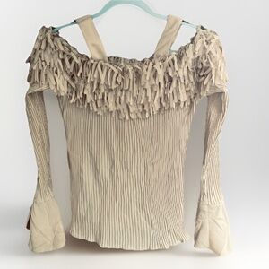 VTG 90s Kaelyn Max Womens Fringe Bell Sleeve Top Beige Cold Shoulder Fairy XL